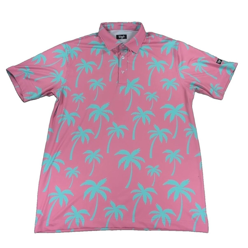 Waggle Golf Polo Shirt Mens Large Pink Blue Palm Trees AOP Performance Stretch - Picture 2 of 9